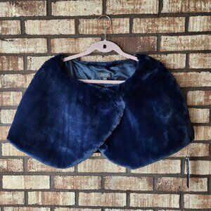 Tahari Navy Blue Plush Teddy Faux Fur Cape Shrug Size L NWT